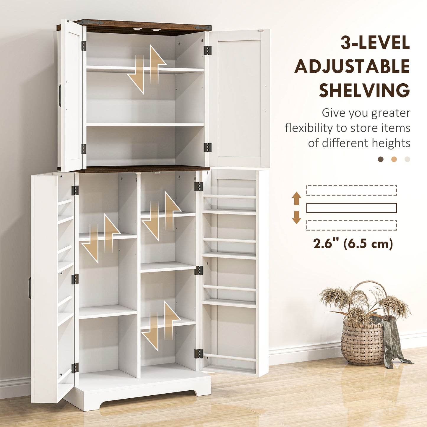 HOMCOM 64" Tall Kitchen Pantry Cabinet with Spice Racks and Adjustable Shelves, White