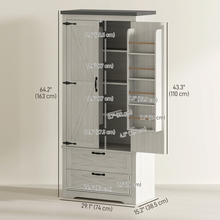 HOMCOM Farmhouse Kitchen Pantry Storage Cabinet, 64" Freestanding Kitchen Pantry Cabinet with Drawers, Distressed White