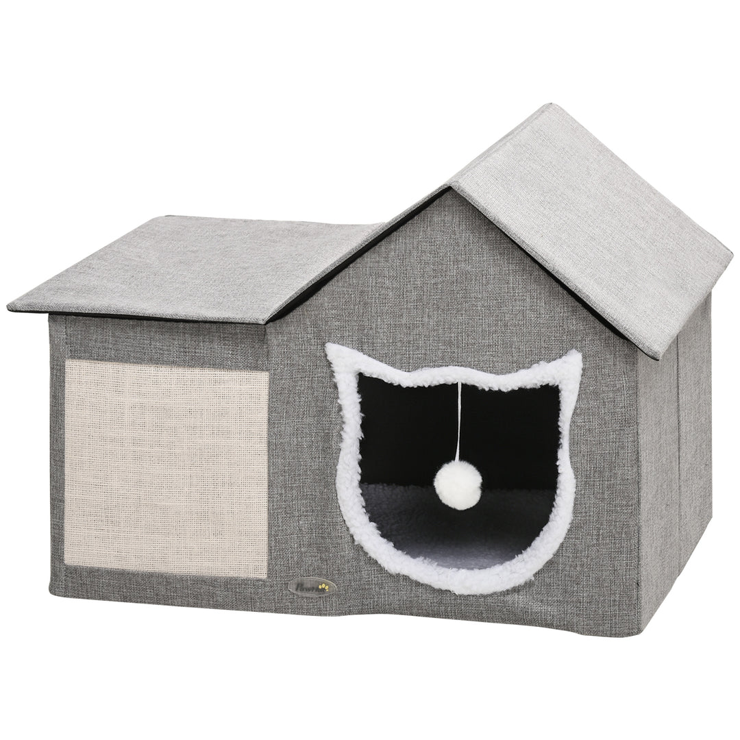 PawHut Large Cat Bed for Indoor, Cat House Hideaway with Soft Cushion, Scratching Pad, Dangling Ball, Dual Entrances, Grey