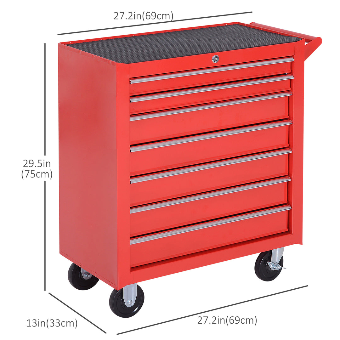 HOMCOM 7 Drawer Roller Tool Chest, Mobile Lockable Toolbox, Storage Organizer with Handle for Workshop Mechanics Garage, Red