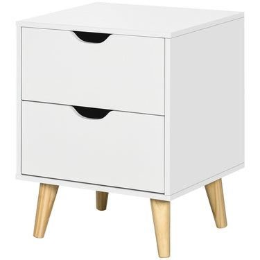 HOMCOM Modern Bedside Table, Nightstand with 2 Drawers and Pine Wood Legs for Bedroom, Living Room, White