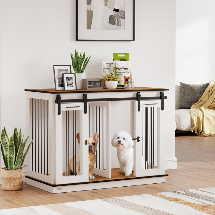 PawHut 47in Dog Crate Furniture with Divider Panel, Wooden Dog Kennel TV Stand for Large Dogs, Pet House Side Table for 2 Small Dogs with Two Rooms Design, 2 Sliding Doors, Oak