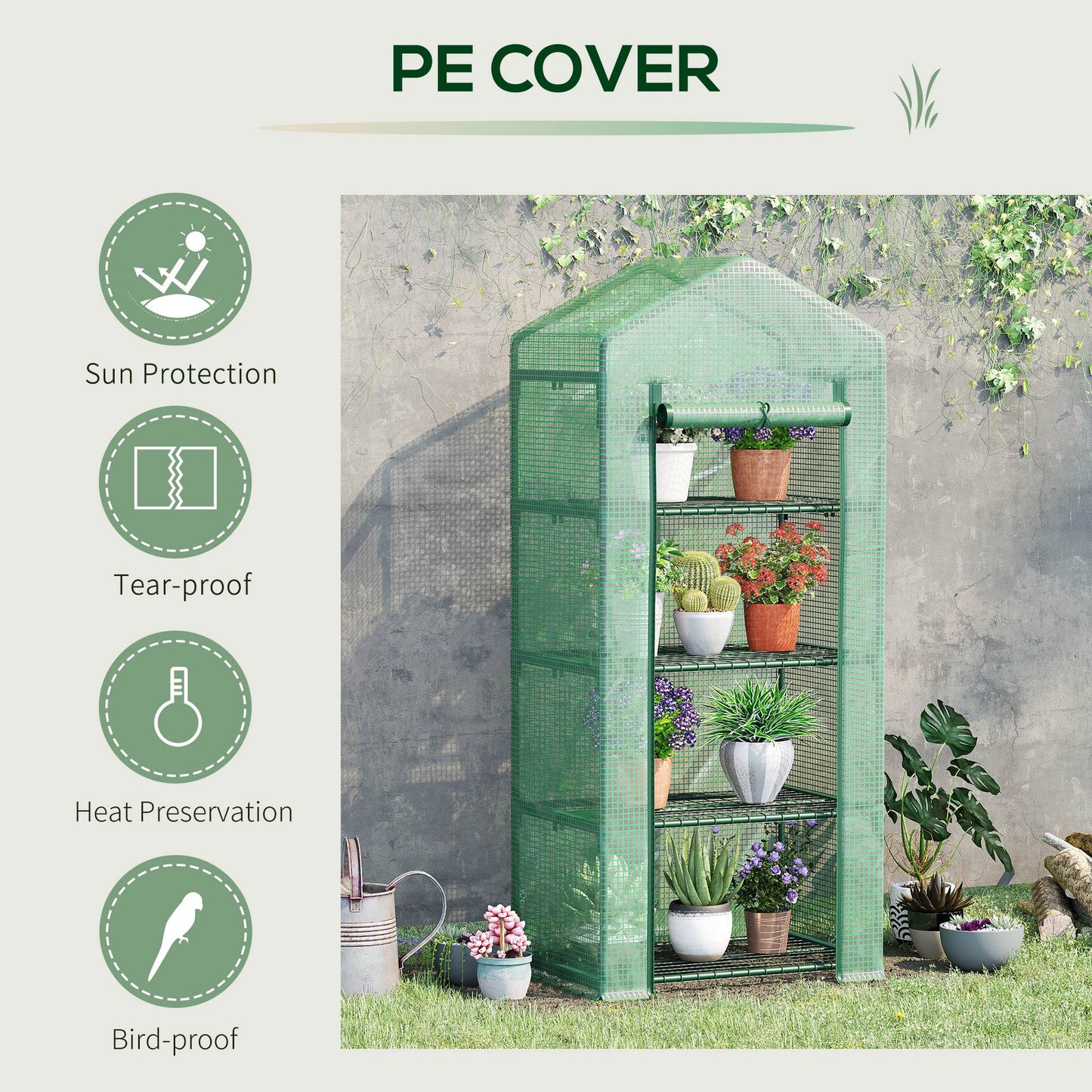Outsunny Portable Greenhouse, Outdoor Hot House Plant Flower Greenhouse with 4 Tier Shelves, Steel Frame, PE Cover, Dark Green