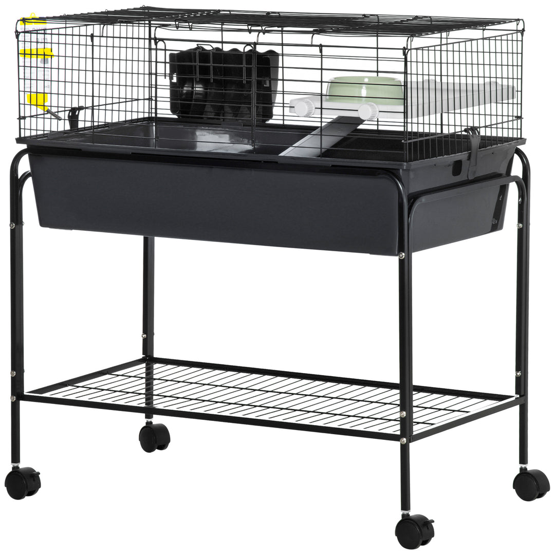 PawHut 35" Small Animal Cage Rolling Guinea Pig Cage with Detachable Stand, Water Dispenser, Food Dish, Ramp, Wheels, Dark Grey
