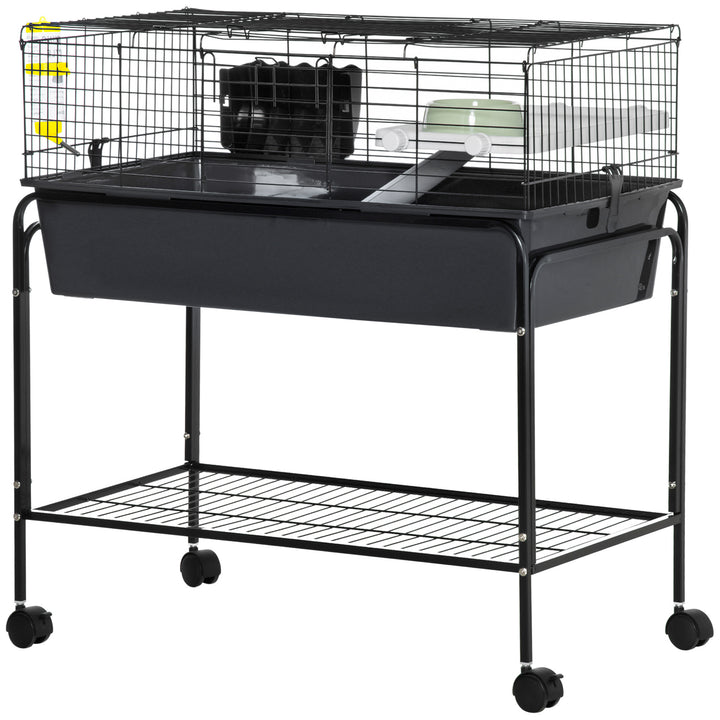 PawHut 35" Small Animal Cage Rolling Guinea Pig Cage with Detachable Stand, Water Dispenser, Food Dish, Ramp, Wheels, Dark Grey