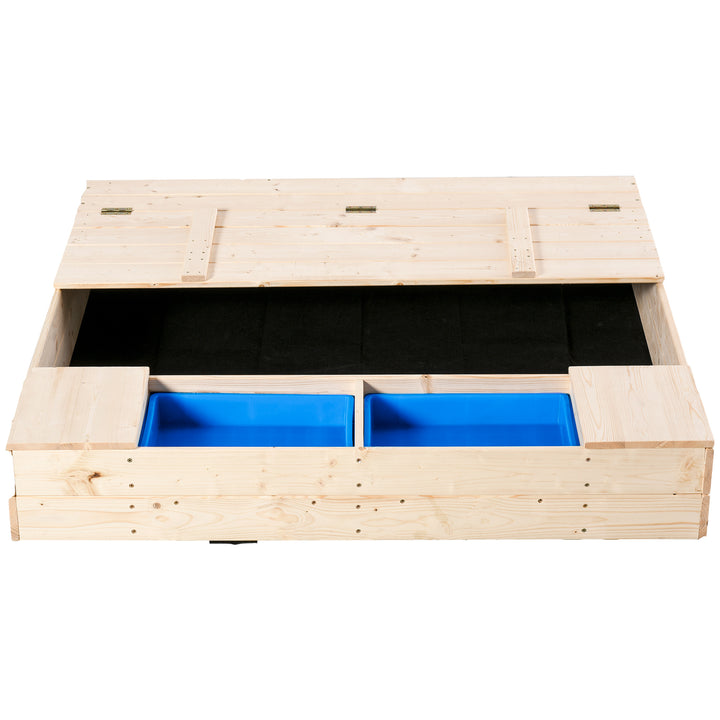Outsunny Wooden Kids Sandbox with Foldable Bench Seat, 2 Plastic Boxes, Bottom Liner, Storage Space for Garden, Backyard