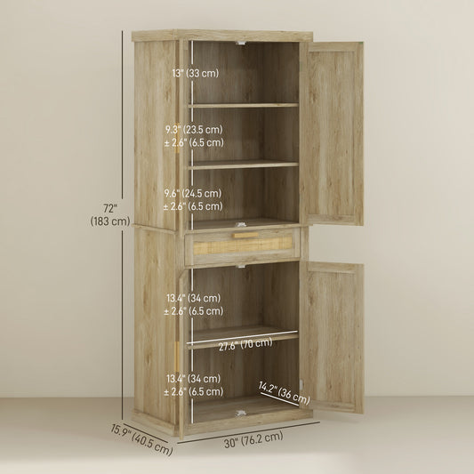 HOMCOM 72" Kitchen Storage Cabinet, Rattan Kitchen Pantry Cabinet with 4 Doors, Drawer, 5-Tier Shelf, Adjustable Shelves, Oak