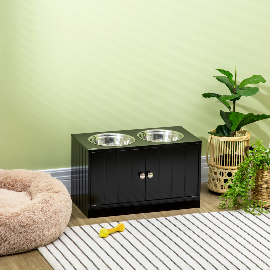 PawHut Elevated Dog Bowls for Large Dogs Pet Feeding Station with Stand, Storage, 2 Stainless Steel Food and Water Bowls, White, 23.6" x 11.8" x 14"