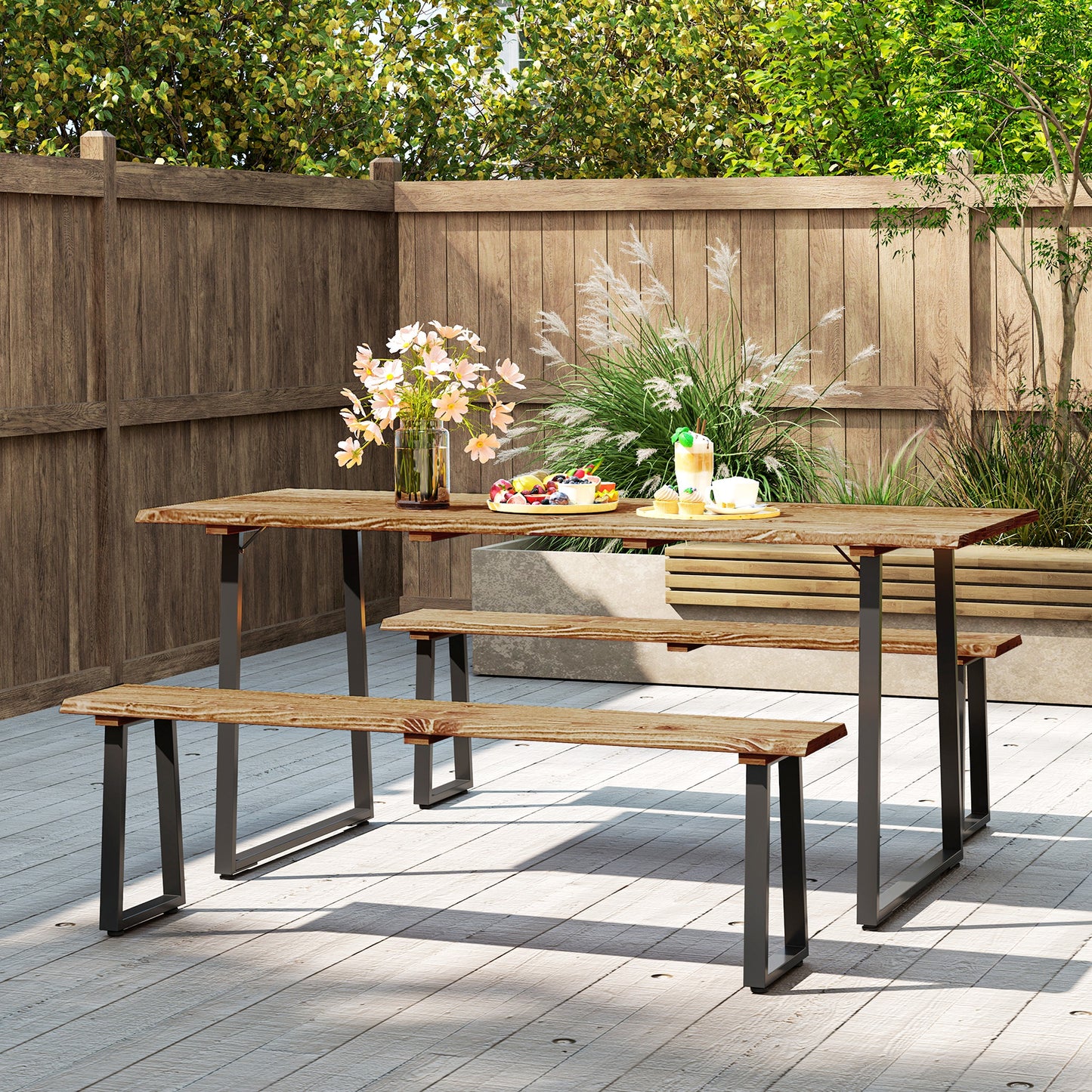 Outsunny Picnic Table and Bench Set for 6 Persons with 2" Umbrella Hole, Slatted Top & Steel Frame, for Party, BBQ, Patio, Lawn