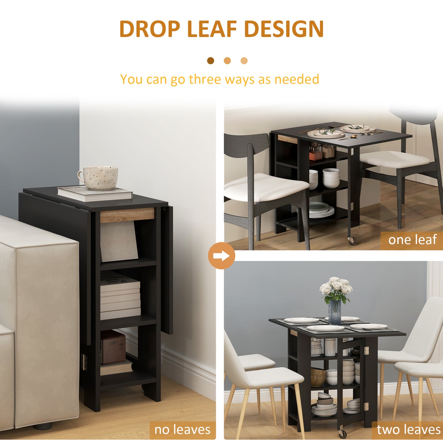 HOMCOM Folding Dining Table with Storage, Drop Leaf Kitchen Table for Small Spaces, White