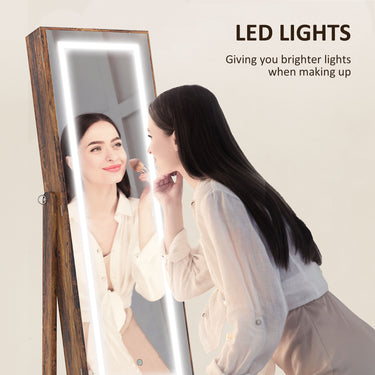 HOMCOM Lockable Jewellery Armoire with LED Light, Standing Mirror with Storage for Bedroom Dressing Room, Rustic Brown