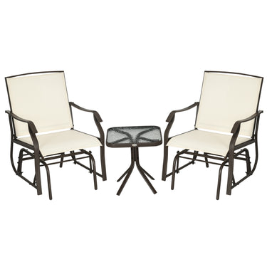 Outsunny 3 Piece Patio Glider Set Outdoor Gliders with Breathable Mesh Seat, Glass Top Table for Garden, Yard, Cream White