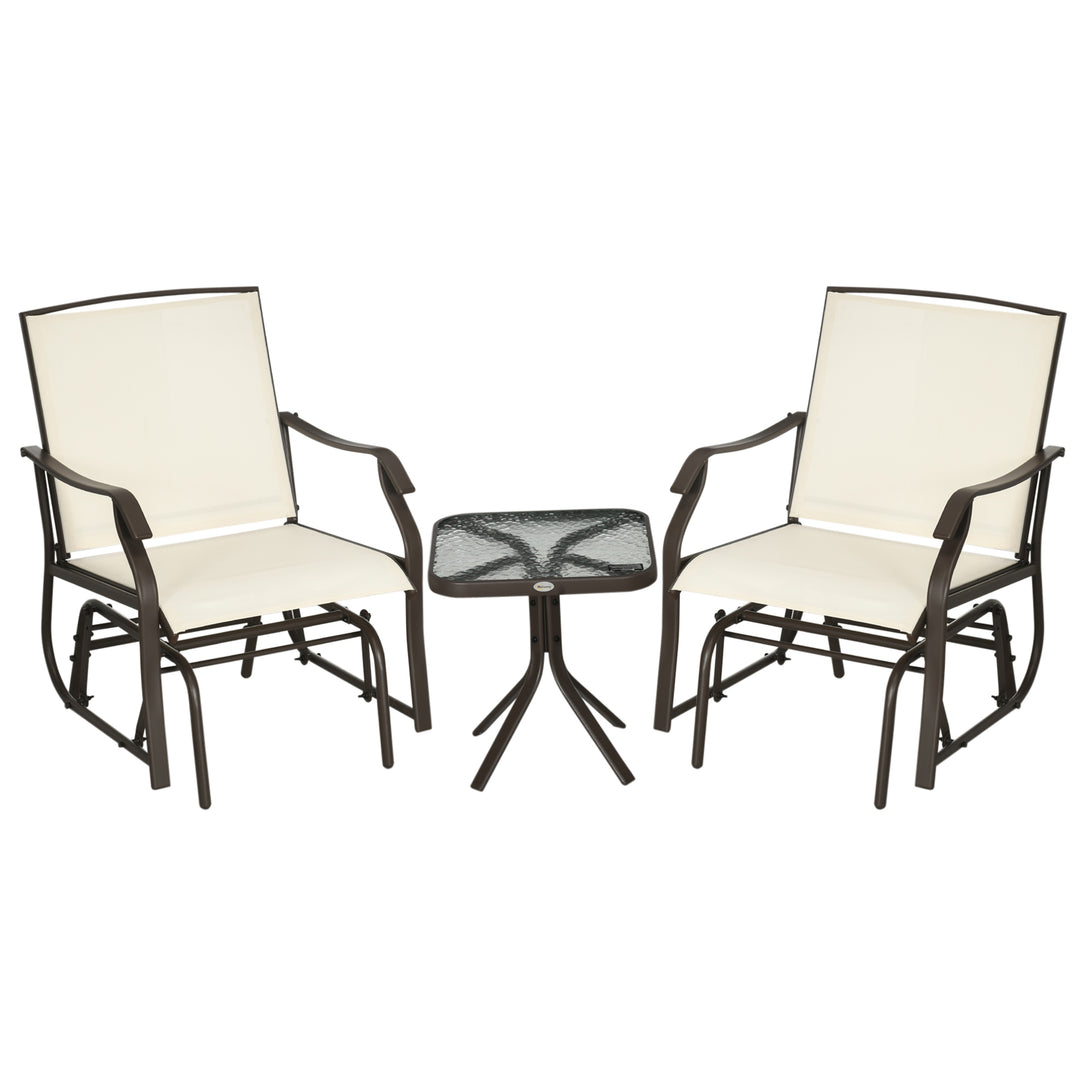 Outsunny 3 Piece Patio Glider Set Outdoor Gliders with Breathable Mesh Seat, Glass Top Table for Garden, Yard, Cream White
