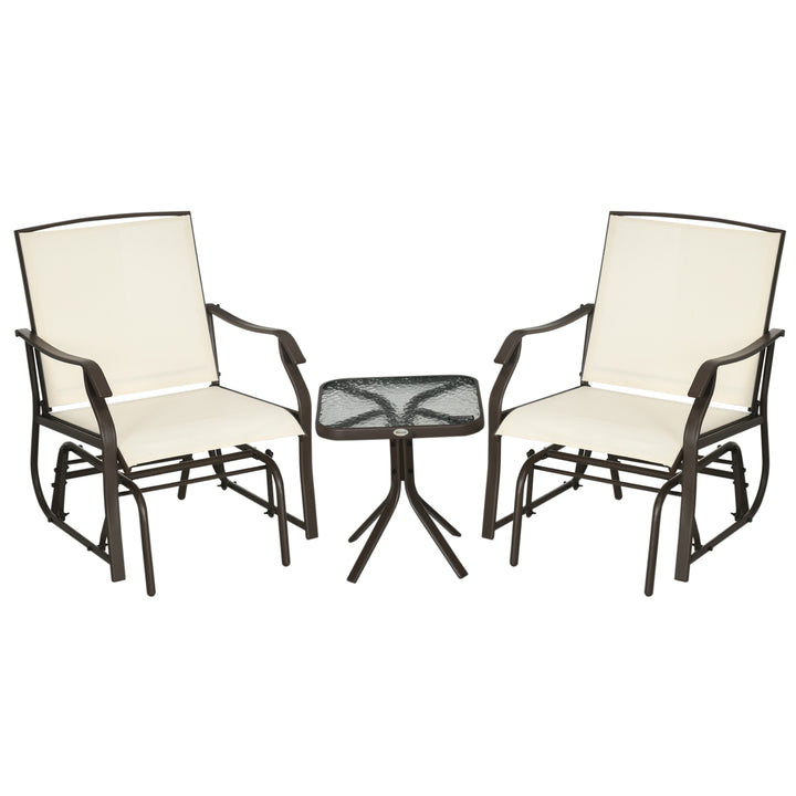Outsunny 3 Piece Patio Glider Set Outdoor Gliders with Breathable Mesh Seat, Glass Top Table for Garden, Yard, Cream White