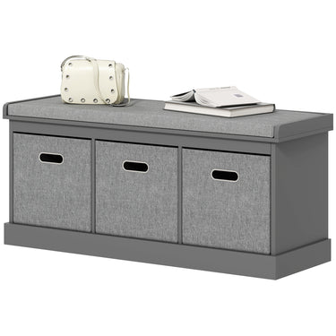 HOMCOM Shoe Storage Bench with Seat, Entryway Bench Seat with Cushion, 3 Fabric Drawers for Hallway, Grey