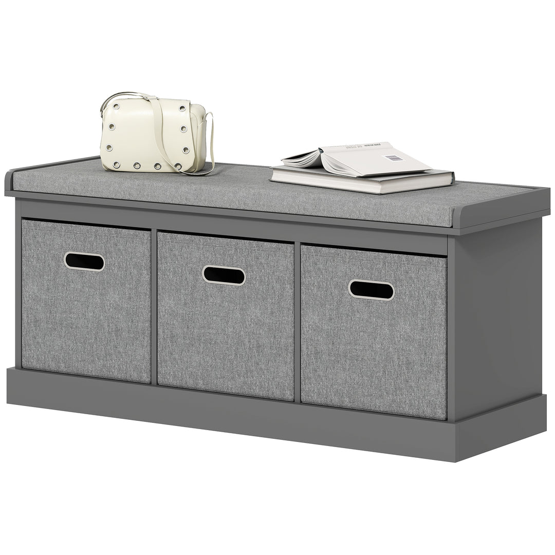 HOMCOM Shoe Storage Bench with Seat, Entryway Bench Seat with Cushion, 3 Fabric Drawers for Hallway, Grey