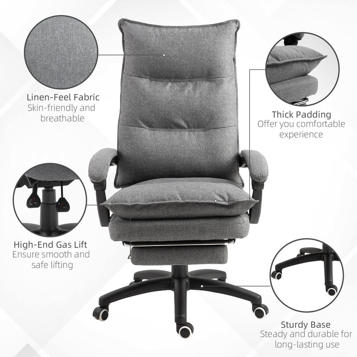Vinsetto Office Chair 360° Swivel Adjustable Height Linen Style Fabric Recliner with Retractable Footrest and Double Padding, Grey