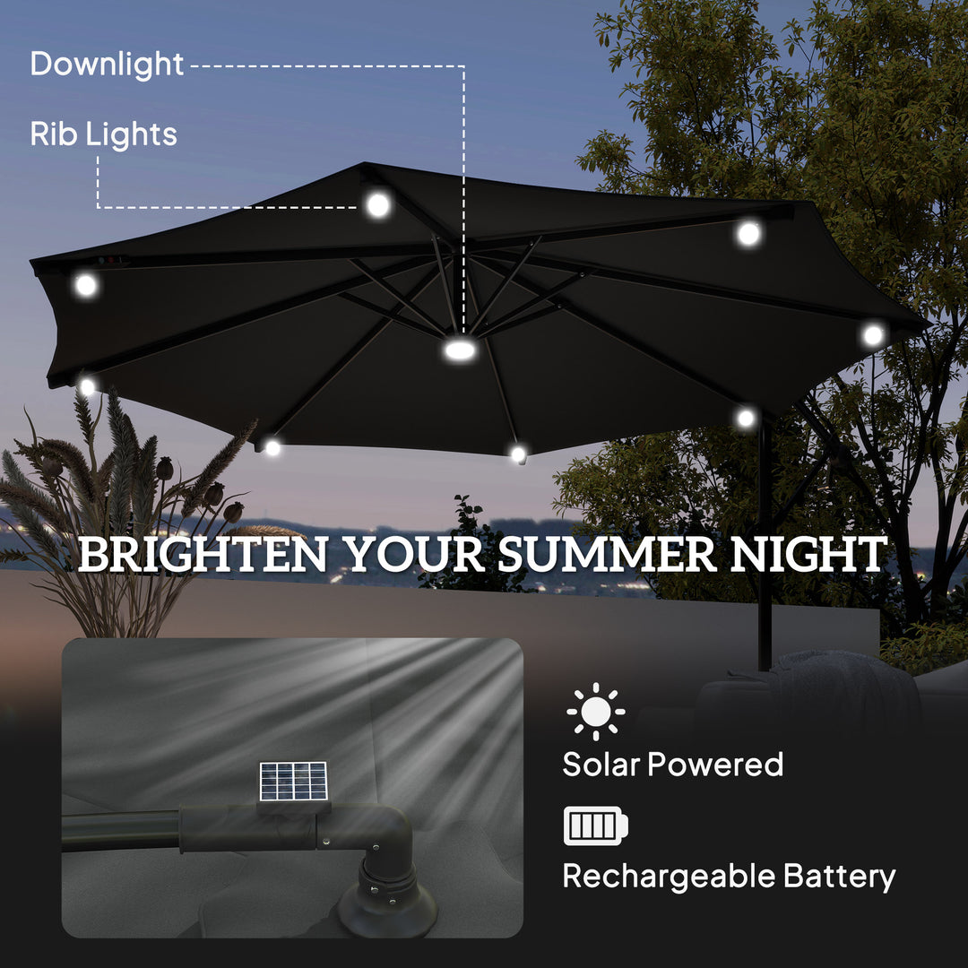 Outsunny 8.8FT Cantilever Patio Umbrella with Solar Powered LED Lights, Crank Handle, Cross Base for Outdoor Sun Shade, Grey