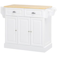 HOMCOM Kitchen Island With Storage Rolling Kitchen Serving Cart with Rubber Wood Top Towel Rack Storage Drawer Cabinet, White