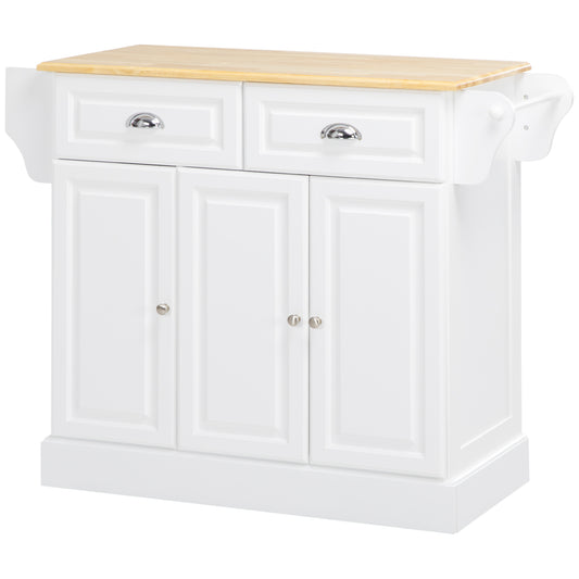 HOMCOM Kitchen Island With Storage Rolling Kitchen Serving Cart with Rubber Wood Top Towel Rack Storage Drawer Cabinet, White