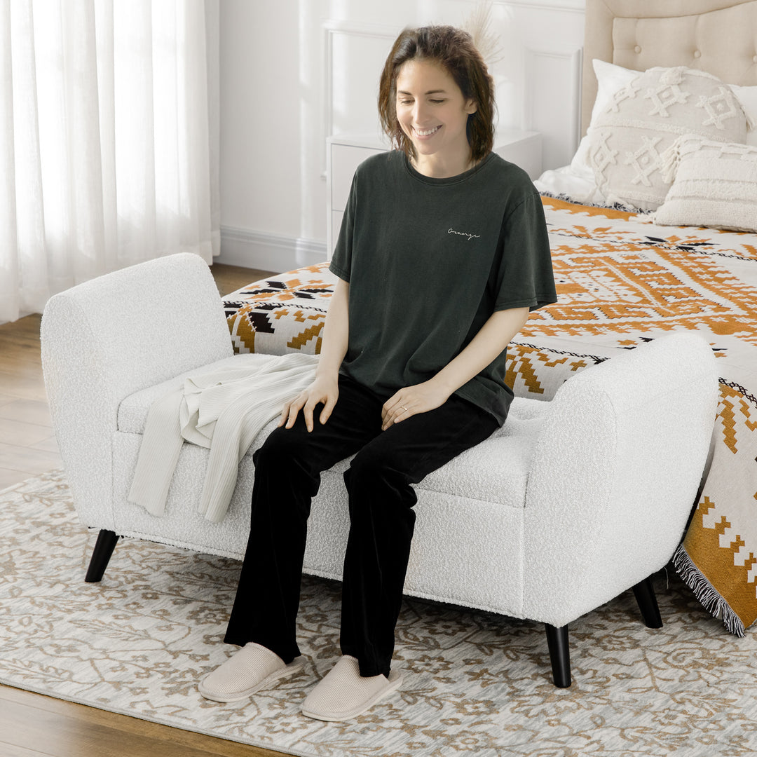 HOMCOM Upholstered Storage Bench with Arms, Modern Ottoman Bench for Bedroom, Entryway, and Living Room, Cream White