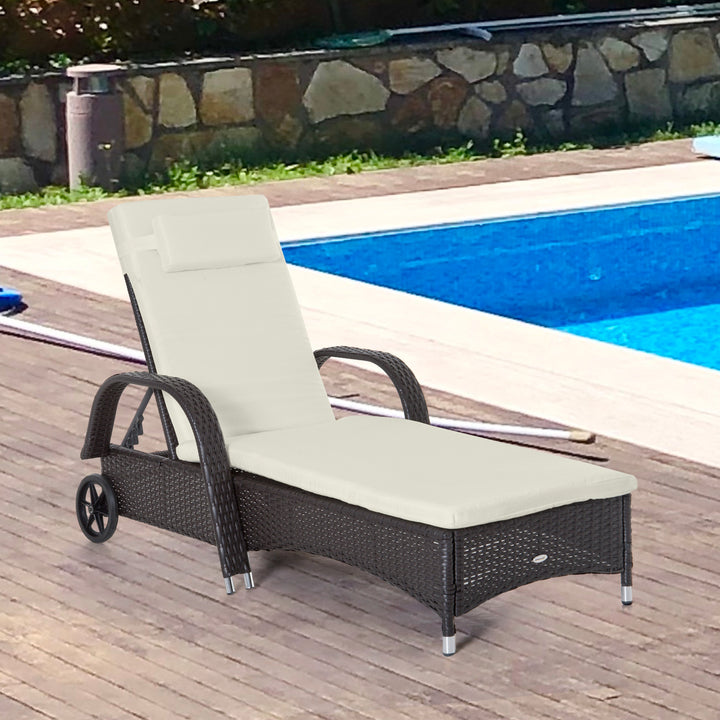Outsunny Wicker Chaise Lounge, Outdoor Lounge Chair, PE Rattan Patio Sun lounger with Head-rest, 5-Level Height Adjust Backrest, Cushion & Wheels, Deep Coffee and Cream White