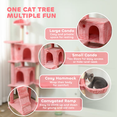PawHut 63 Inch Cat Tree with Sisal Scratching Posts, Condos, Plush Perches, Hammock, Ladder, Dangling Balls, Pink