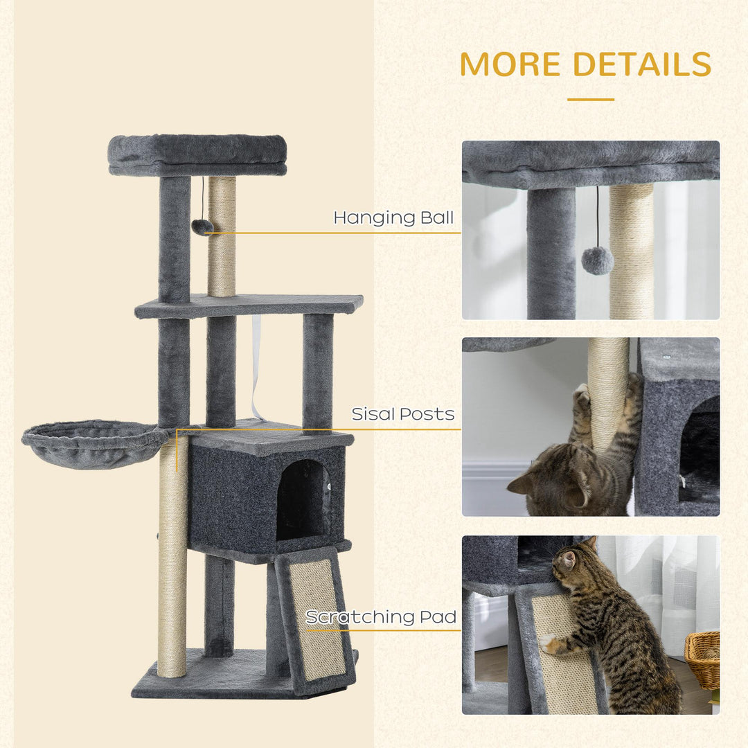 PawHut 50 Inch Cat Tree, Multi-Level Cat Tower with Sisal Scratching Posts and Ramp, Bed, Condo, Hammock, Toy Ball, Grey