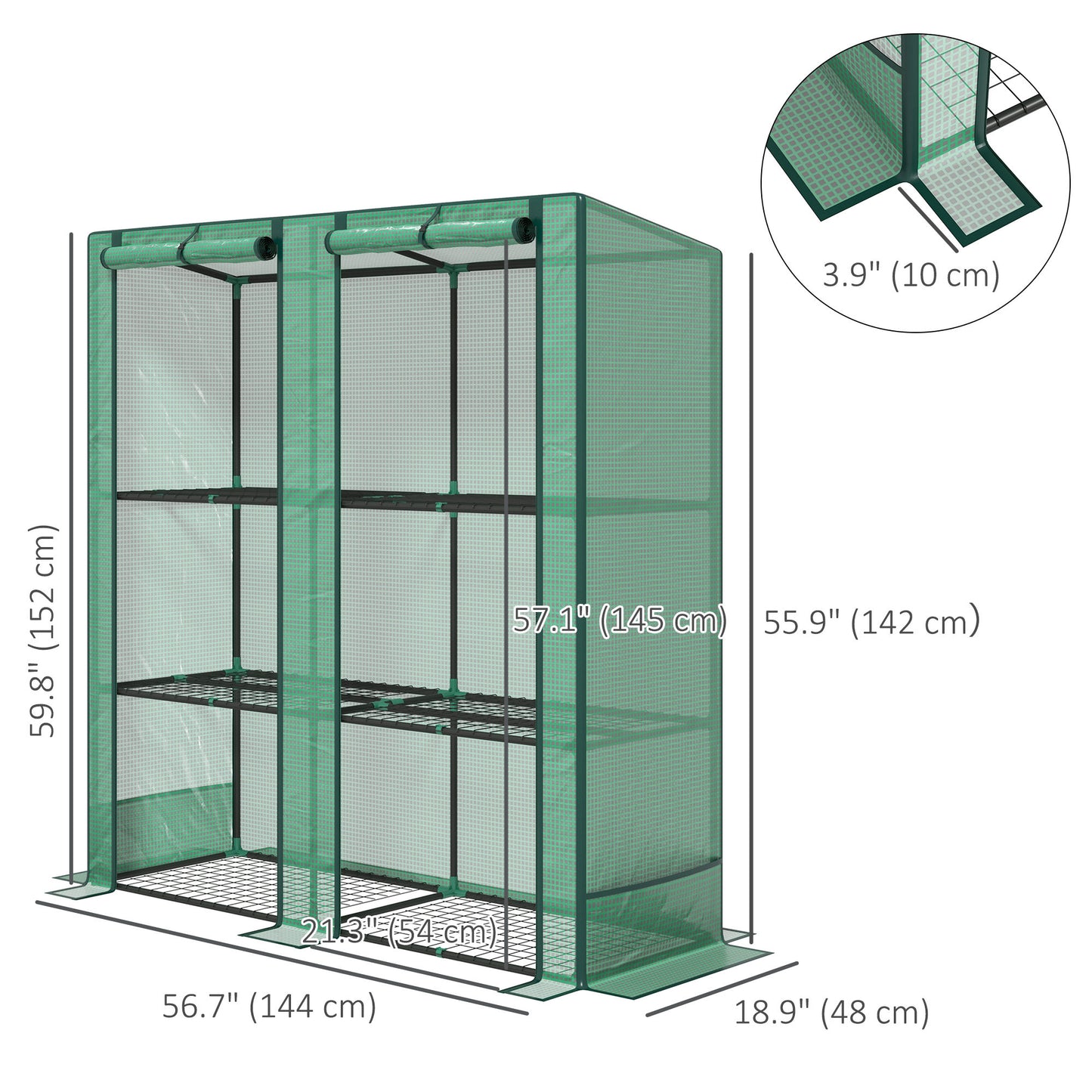 Outsunny Mini Greenhouse with 3 Tier Shelves, 3 Roll-Up Doors for Indoor Outdoor, Green