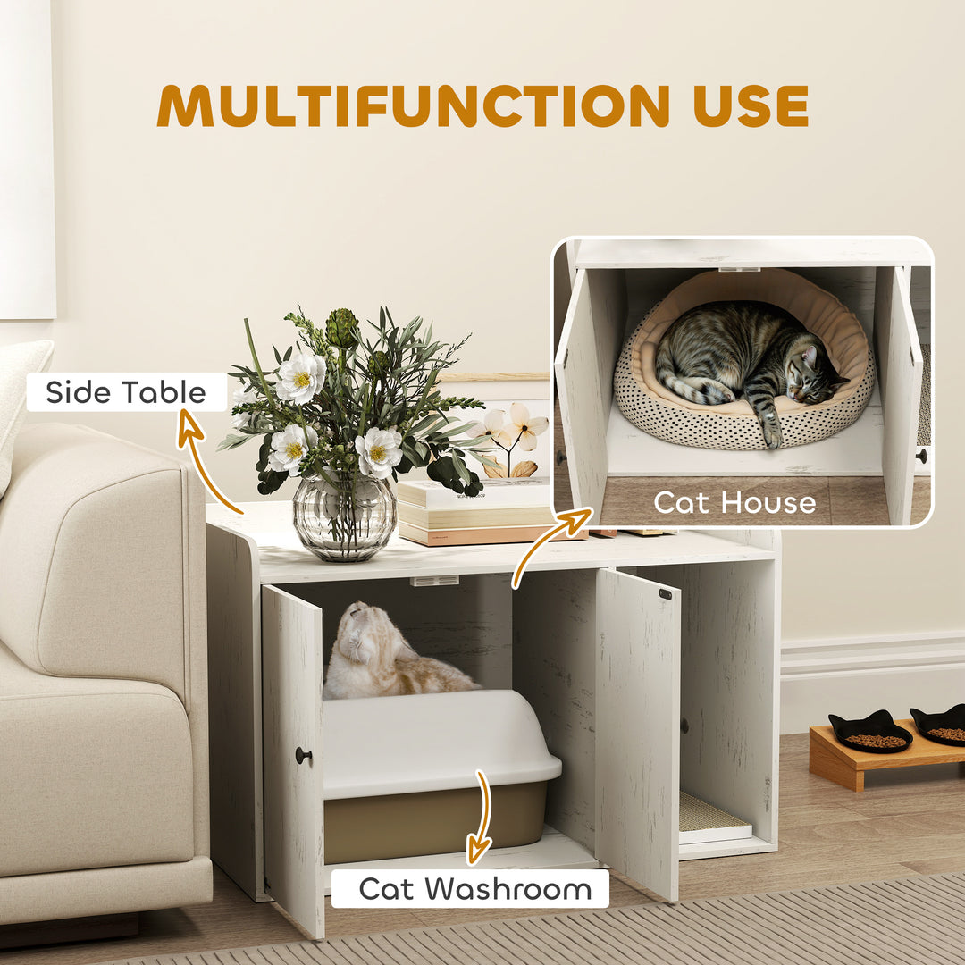 PawHut 32" Cat Litter Box Enclosure with Scratching Mat, Cat Entrance, Fit Most of Cat and Litter Box, Distressed White