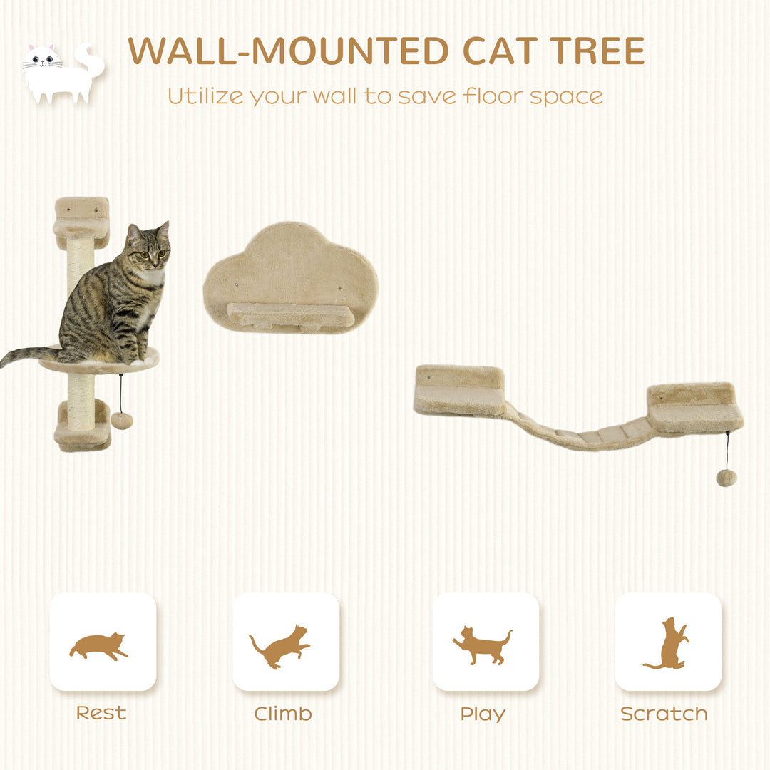 PawHut 3 PCs Cat Wall Climber with Scratching Post, Ladder, Perches, Cloud-Shaped Cat Shelves, Beige