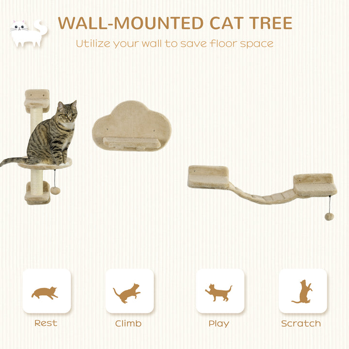 PawHut 3 PCs Cat Wall Climber with Scratching Post, Ladder, Perches, Cloud-Shaped Cat Shelves, Beige