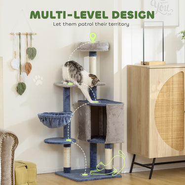 PawHut 48" Modern Cat Tree with Condo, Hammock, Perch, Sisal Scratching Posts, Toy Ball, for Indoor Cats, Blue and Grey