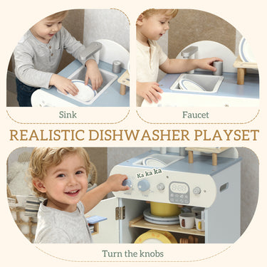 Qaba Wooden Dishwasher Playset, Play Sink Toys with Faucet, Turning Knobs and Accessories, Gift for Boys Girls Toddlers