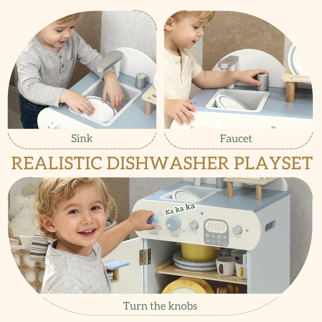 Qaba Wooden Dishwasher Playset, Play Sink Toys with Faucet, Turning Knobs and Accessories, Gift for Boys Girls Toddlers
