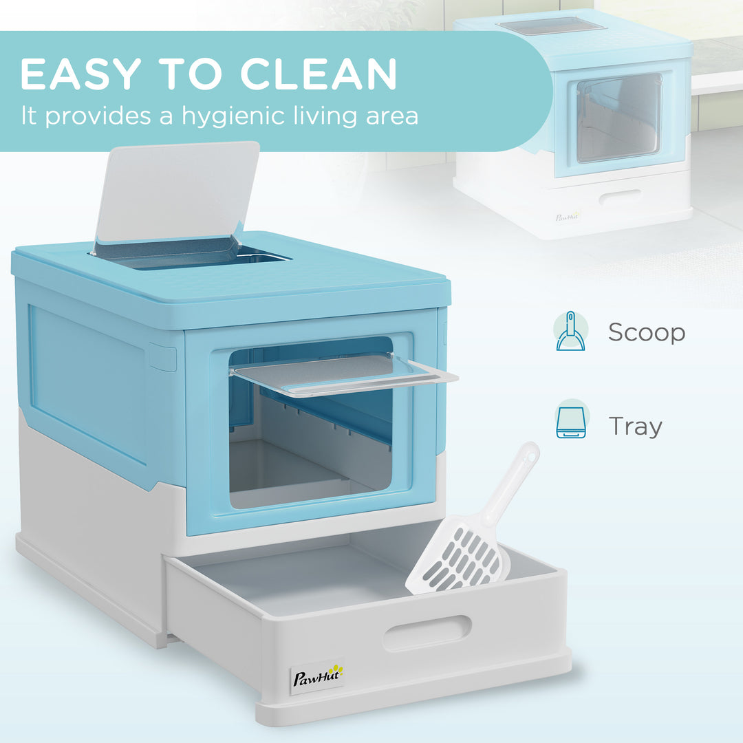 PawHut Top Entry Enclosed Kitty Litter Box with Scoop, Tray, Front Entry, Large Space, Foldable, Portable, Grey