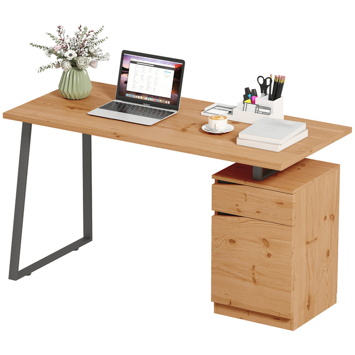 HOMCOM 53 Inch Computer Desk, Writing Table with Cabinet, Drawer, Adjustable Shelf for Home Office Study, Natural Wood
