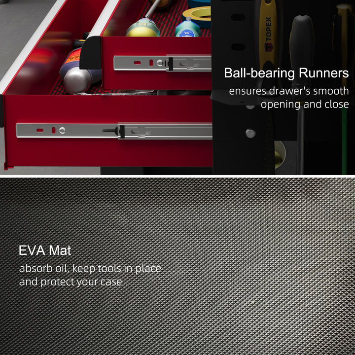 HOMCOM Tool Cart on Wheels, Utility Cart with Wheels, Ball Bearing Drawer, Storage Trays for Garage, Warehouse, Workshop, Red