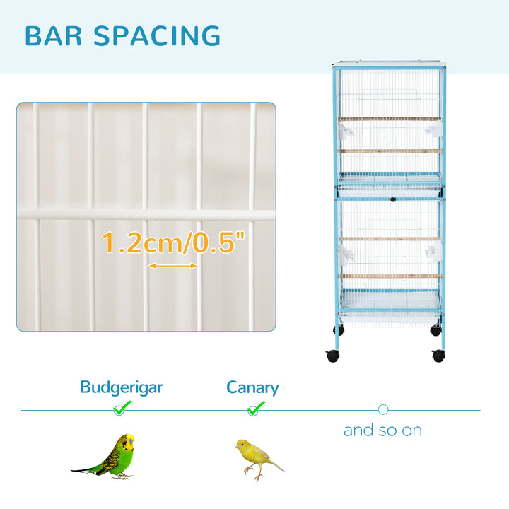 PawHut 55.1" 2 In 1 Bird Cage Aviary Parakeet House for finches, budgies with Wheels, Slide-out Trays, Wood Perch, Food Containers, Light Blue