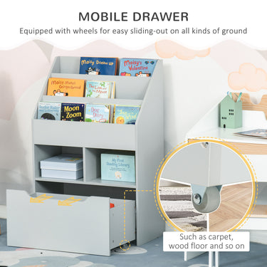 HOMCOM Kids Bookcase Multi-Shelf Rack Organizer with Storage Drawer for Books for Reading Nook, Classroom, Bedroom, Playroom, Grey