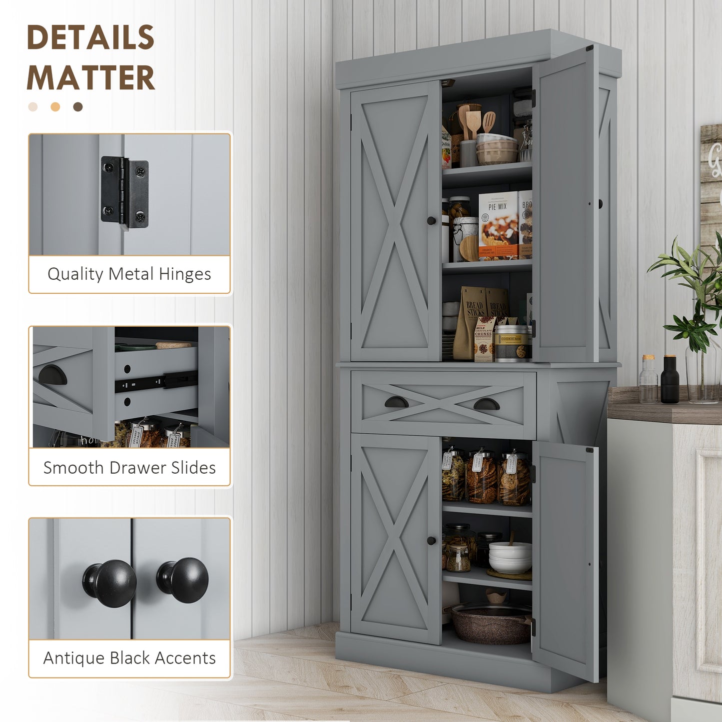 HOMCOM 72.5" Kitchen Pantry Cabinet, Freestanding Storage Cabinet with 4 Doors, Drawer and Adjustable Shelves, Black