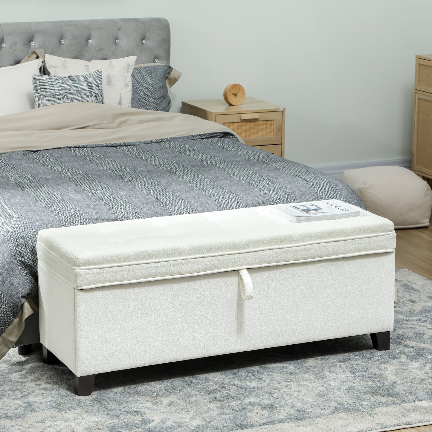 HOMCOM Storage Ottoman Bench, Foot Rest with Safety Hinges, 47 Inches Linen Storage Chest for Living Room, Dark Grey