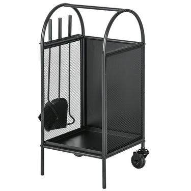 Outsunny 15" Outdoor Firewood Rack with Wheels and Tools, Heavy Duty Wood Storage Stacker, Indoor Outdoor Log Rack, Black
