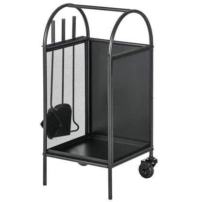Outsunny 15" Outdoor Firewood Rack with Wheels and Tools, Heavy Duty Wood Storage Stacker, Indoor Outdoor Log Rack, Black