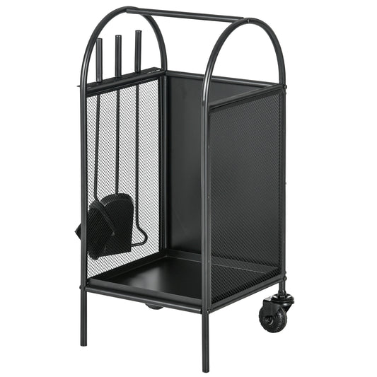 Outsunny 15" Outdoor Firewood Rack with Wheels and Tools, Heavy Duty Wood Storage Stacker, Indoor Outdoor Log Rack, Black