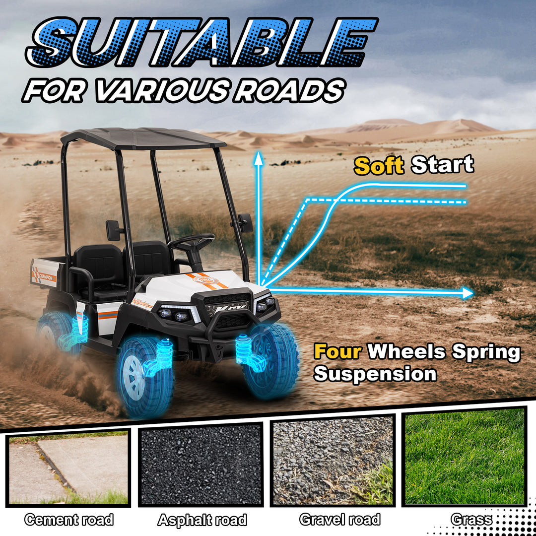 Qaba 24V 2 Seater Electric Car for Kids w/ Remote Control, 4 Wheels Spring Suspension, Soft Start, Storage, Sunshade, White