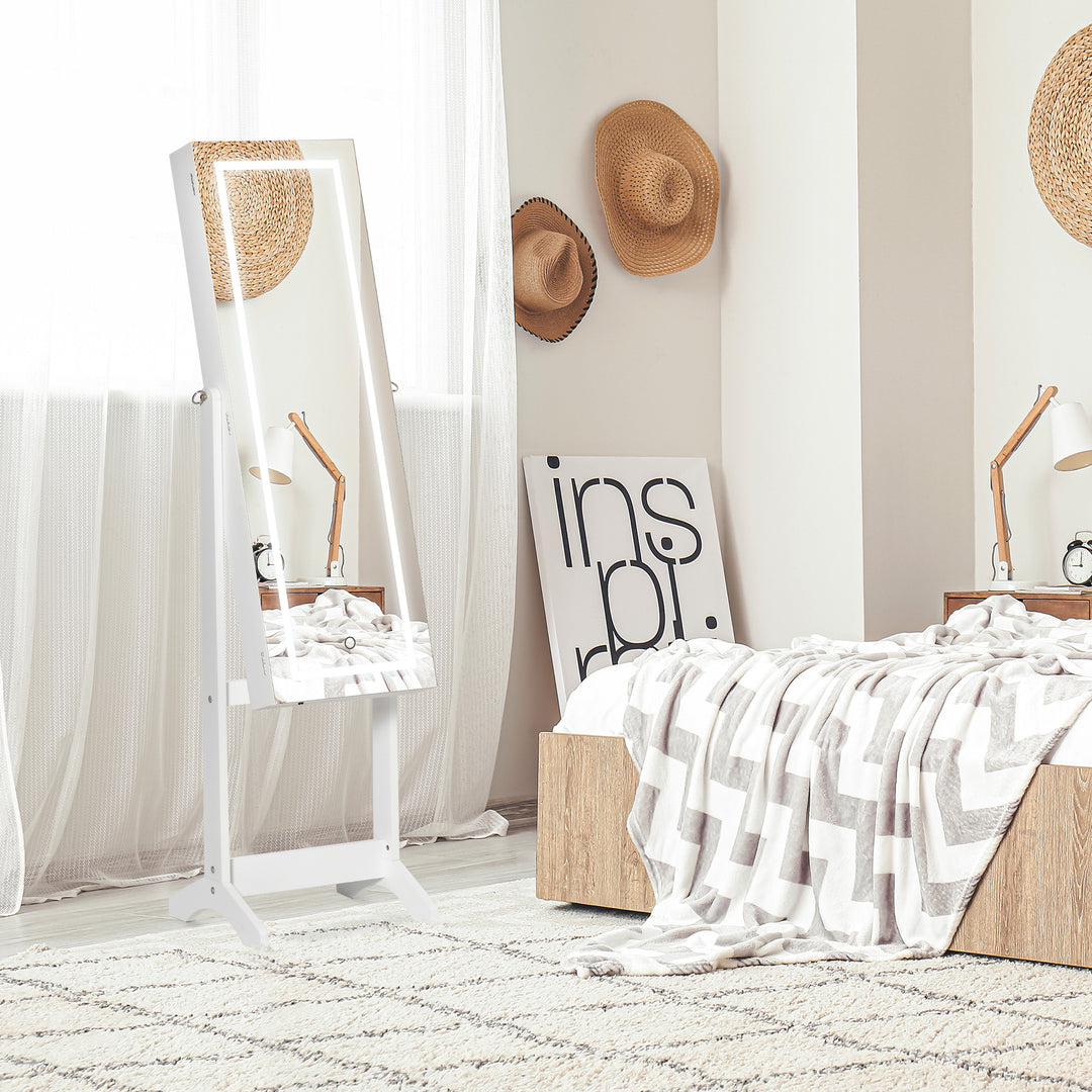 HOMCOM Lockable Jewellery Armoire with LED Light, Standing Mirror with Storage for Bedroom Dressing Room, White