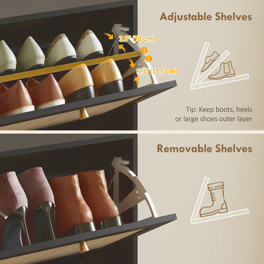 HOMCOM Rattan Shoe Storage Cabinet with 3 Flip Drawers and Adjustable Shelves, Entryway Shoe Cabinet for 18 Pairs, Black