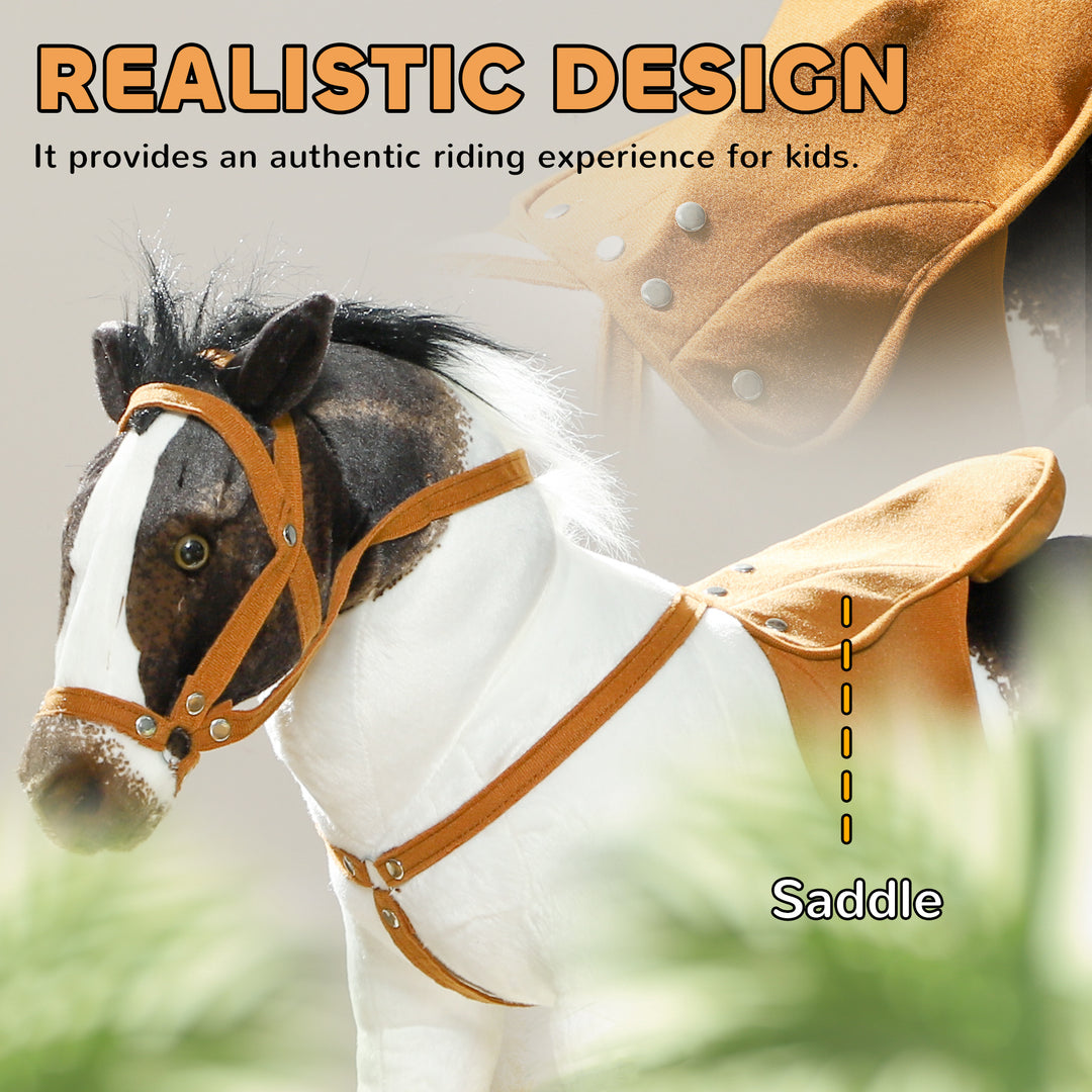 Qaba Standing Ride on Horse, Plush Pony Toy for Kids with Neighing Sound, Soft Padding, for Aged 3-8, Brown