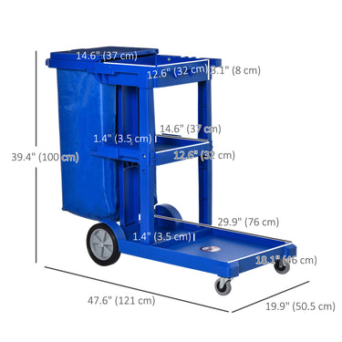 HOMCOM Commercial Janitorial Cart with 3 Tier Shelves Professional Cleaning Trolley with Rubbish Bag with Lid and Mop Mount for Hotel, Restaurant, Office,  47.75"x20"x39.25", Blue